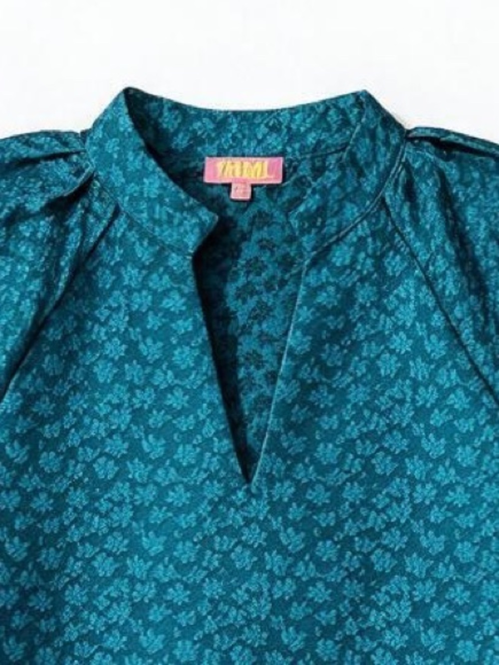 THML Teal Textured Jacquard Puff Sleeve V-Neck Top Women’s Size XL - Picture 6 of 11